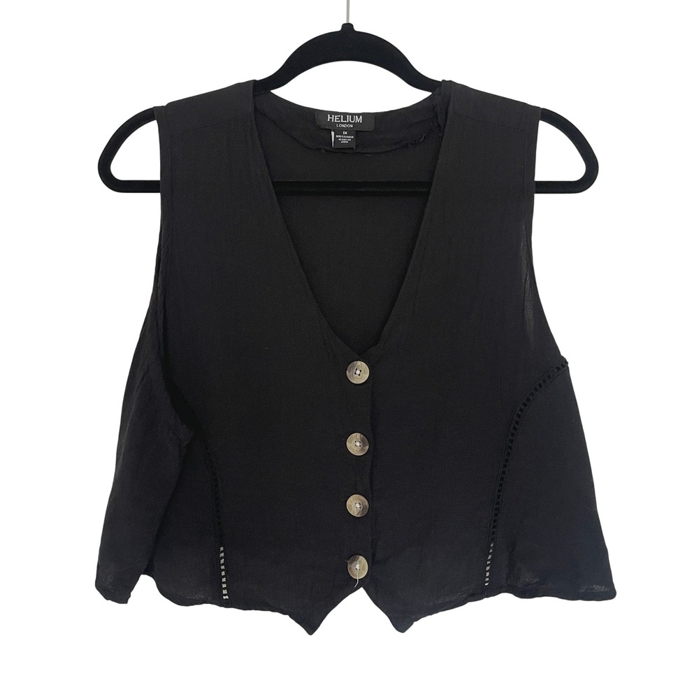 Helium London Vest Womens 1X Black Button Front‎ Cropped Eyelet Trim Boho Hippie